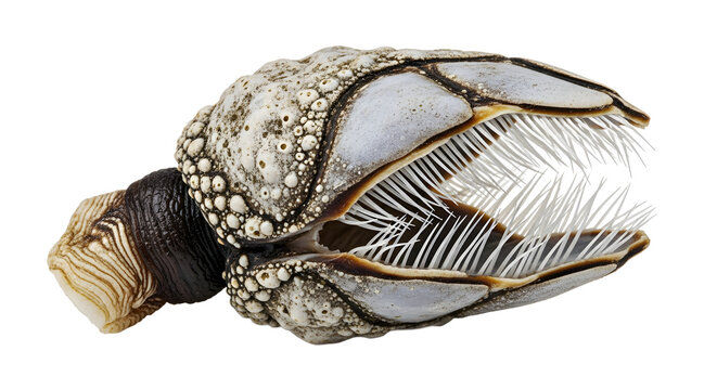 Goose barnacle close-up a crustacean with a stalk isolated on white background