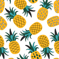 Seamless Pattern Of Yellow Pineapples With Green And Teal Leaves On White Background fruit tropical