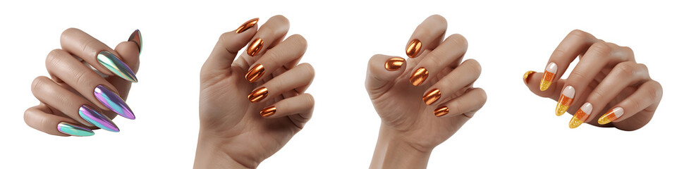 Set for Four Hands with Iridescent and Gold Accent Nail Art isolated on transparent background