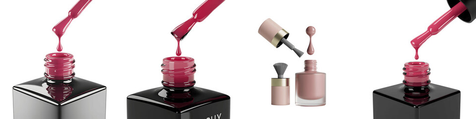 Set for Four Nail Polish Bottles with Dripping Liquid Colors isolated on transparent background