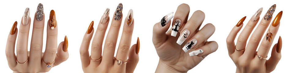 Set for Four Hands Showcasing Various Creative Nail Art Designs isolated on transparent background