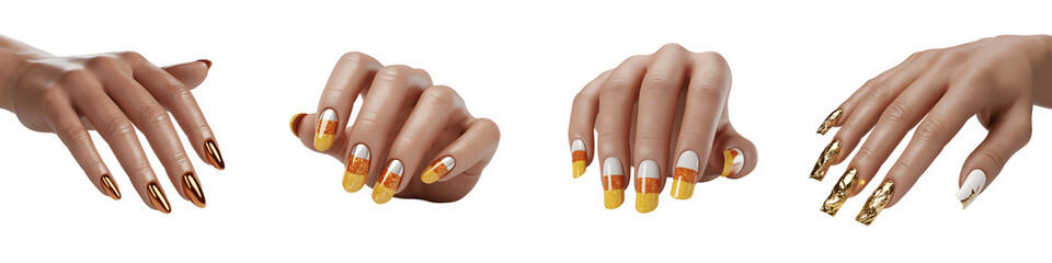 Set for Four Hands with Bold Nail Art including Tiger Stripes and Gold Foil isolated on transparent background