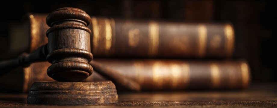 The Gavel and Stacked Legal Books on a Wooden Judge's Desk - Powered by Adobe