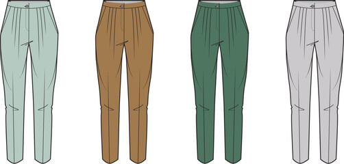 Four colored fashion design pants illustration representing different apparel styles for clothing concepts