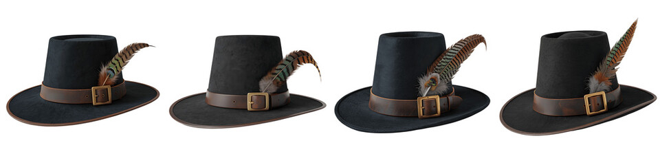Set for Four Classic Pilgrim Hats for Thanksgiving isolated on transparent background