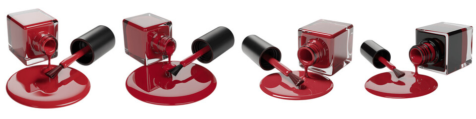 Set for Vibrant Red Nail Polish Spilled From a Bottle isolated on transparent background