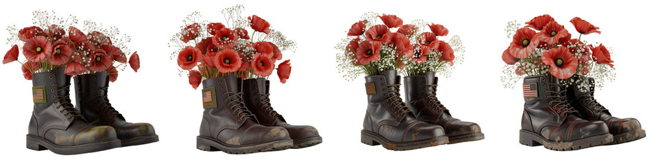 Set for Four Pairs of Combat Boots Filled with Flowers isolated on transparent background