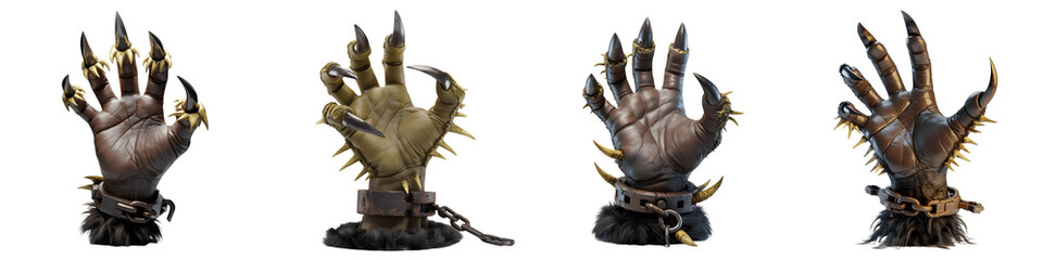 Set for Four Decorated Zombie Hands with Long Nails and Chains isolated on transparent background