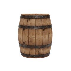 Obraz premium A Rustic Wooden Barrel with Metal Bands Isolated on a Transparent Background Featuring a 3D Render of Traditional Storage Container