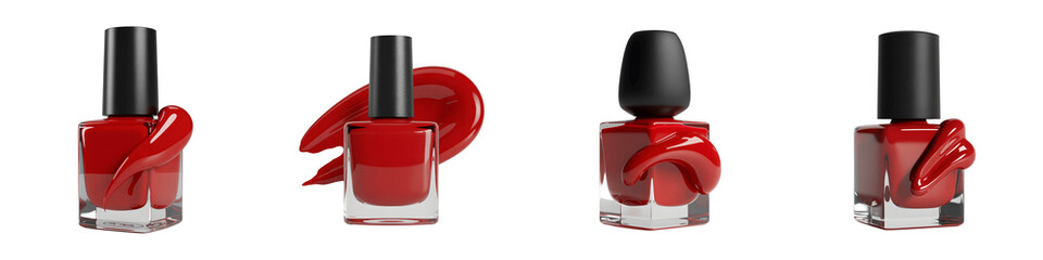 Set for Four Bottles of Classic Red Nail Polish isolated on transparent background