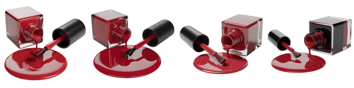 Set for Vibrant Red Nail Polish Spilled From a Bottle isolated on transparent background