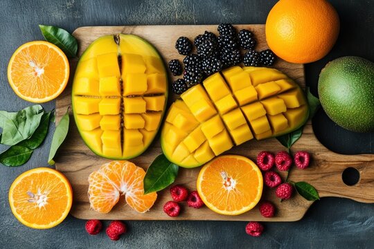 A vibrant display of tropical fruits and vegetables, arranged on a wooden cutting board with a dark background.