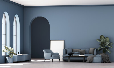 A bright modern living room memphis style interior with neutral furniture, arched windows and indoor plants creating a clean minimal aesthetic. with large window blue tone design. 3d render