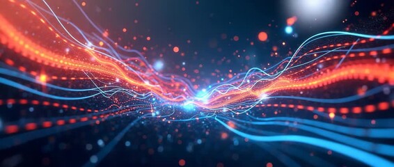 Dynamic digital waveforms pulse with vibrant energy, as the camera smoothly pans through a mesmerizing, abstract landscape; cinematic, futuristic, and ideal for technology concepts. - Powered by Adobe