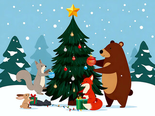 Cute forest animals celebrate Christmas with gifts, tea and decorations near a festive tree in snowy woods.