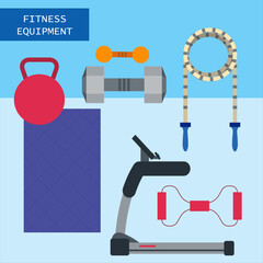 Fitness equipment including a kettlebell dumbbells jump rope yoga mat treadmill and resistance band arranged in a visually appealing flat lay style on a light blue background