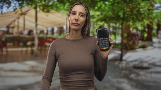 Woman holds card reader with one hand on street cafe terrace, presenting payment terminal to camera; contactless payment confidence.