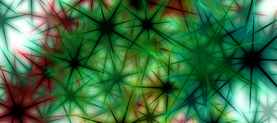 Abstract background featuring overlapping star-like shapes. Predominantly green and red hues with black centers create a dynamic and energetic pattern