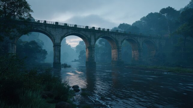 Serene Morning Landscape with Old Stone Bridge Over Tranquil River Surrounded by Lush Greenery and Misty Atmosphere