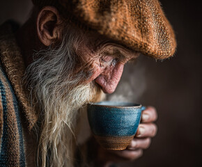 Old man sipping a steaming cup of coffee in a dark background. High contrast and texture.