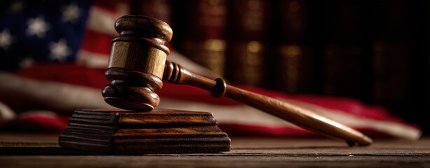 The Gavel on Sound Block with American Flag Background Evoking Justice