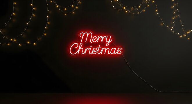 Festive merry christmas neon sign glowing against a dark wall with string lights creating a holiday atmosphere - Powered by Adobe