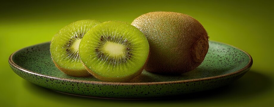 The Kiwi Fruit on a Green Ceramic Plate with Two Slices and One Whole - Powered by Adobe