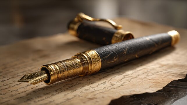Luxurious vintage fountain pen resting on aged parchment with intricate details and a classic design for elegant writing experiences