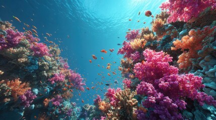 Naklejka premium Vibrant Underwater Coral Reef with Colorful Fish and Bright Coral Structures Beneath Crystal Clear Ocean Water