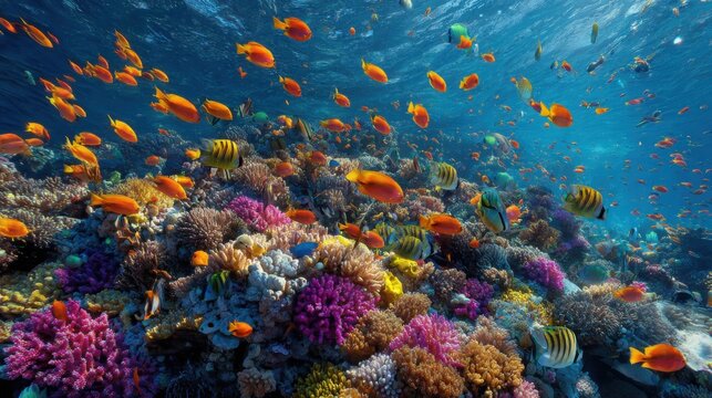 Vibrant Underwater Scene with Colorful Coral Reef and Tropical Fish Swimming in Crystal Clear Ocean Water