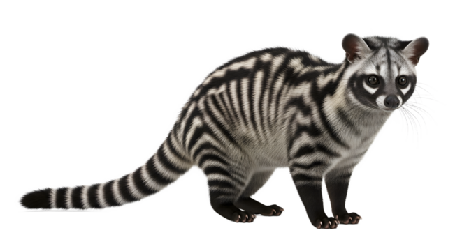 Isolated Asian Palm Civet a nocturnal mammal with distinctive stripes and spots standing on a white background