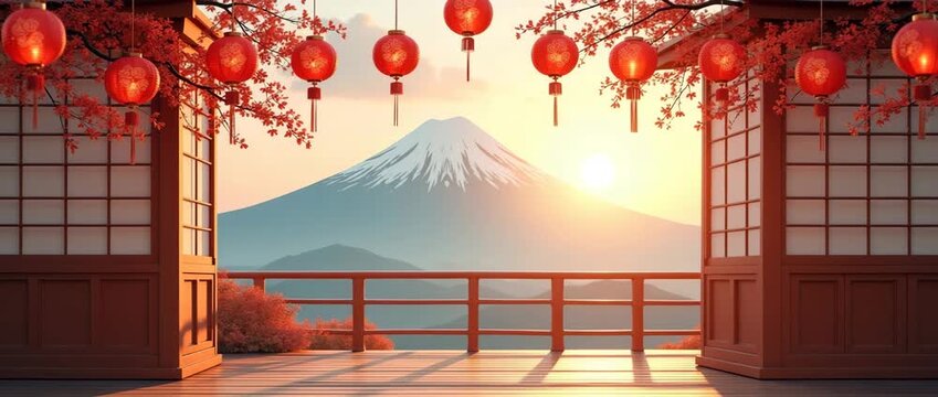 Serene sunrise over Mount Fuji, cherry blossoms sway gently, lanterns softly flicker; camera pans slowly across a tranquil Japanese pagoda, capturing cinematic beauty and harmonious ambiance.