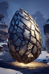Large Glowing Cracked Egg Shaped Monument in Snowy Landscape