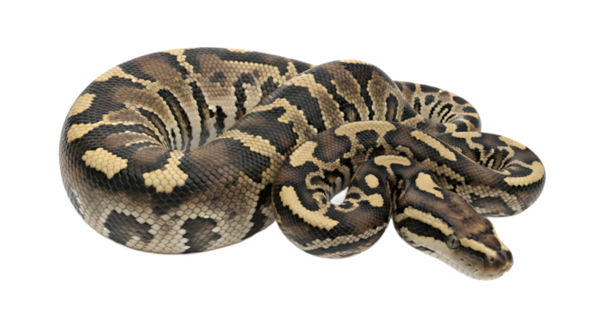 Royal python coiled a non venomous snake with brown and tan markings isolated on white background
