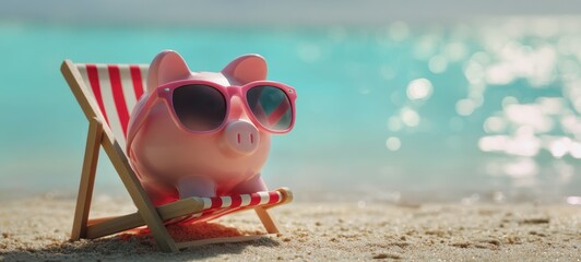 The Piggy Bank Lounging on a Beach Chair Symbolizing Vacation Savings and Financial Relaxation