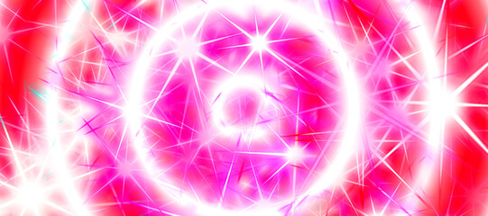 Bright digital artwork features vibrant white and pink star-like shapes on a red background. Intersecting beams of light create a dynamic, glowing pattern