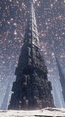 Futuristic Tower Amidst Starry Landscape