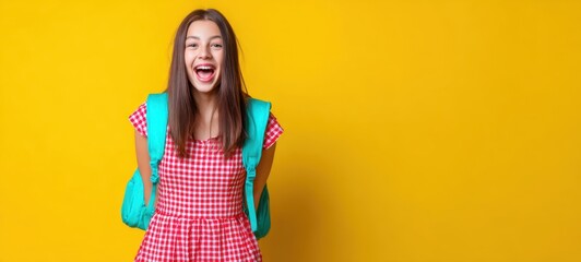 The Girl With Backpack Laughing Joyfully Against Bright Yellow Background