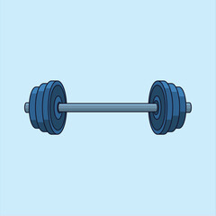 Illustration of a blue barbell with weights on a light blue background showcasing fitness equipment for strength training and exercise in a simple and clean design style