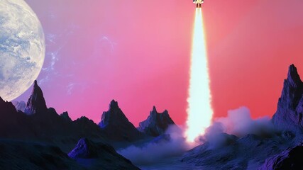 Rocket launching from pink alien planet landscape
