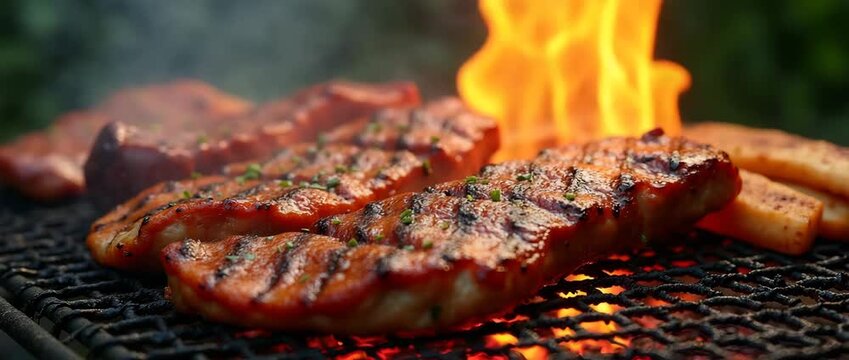 Juicy grilled steaks sizzle on a fiery BBQ with flames dancing in the background, captured in cinematic slow motion with a smooth, steady tracking shot, perfect for barbecue enthusiasts.