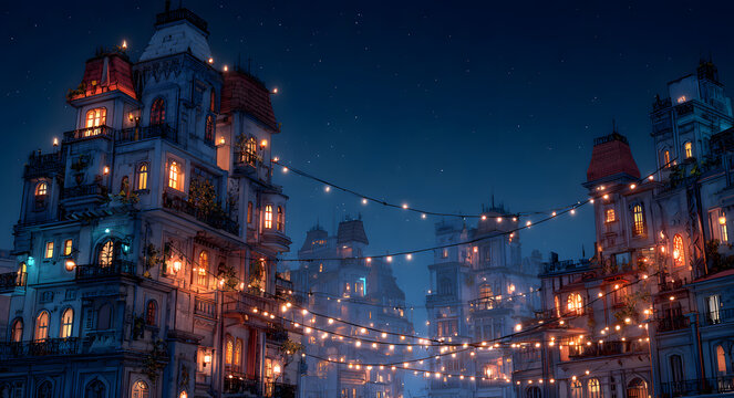 A stylized cityscape at night with illuminated buildings and decorative lights against a dark blue sky night city skyline.