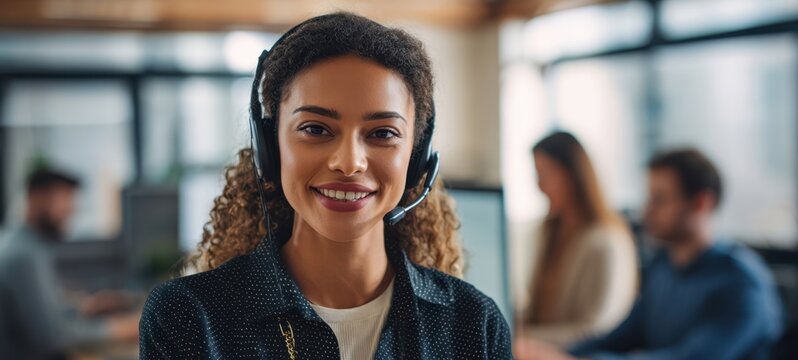 The Customer Service Representative Smiling in a Modern Open Office with Headset