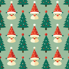 Cute Christmas Pattern with Santa Faces and Holiday Trees – Seamless Festive Background