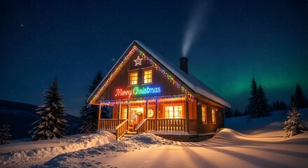 Cozy christmas cabin glows under a starry night sky with aurora borealis and snow covered landscape scene