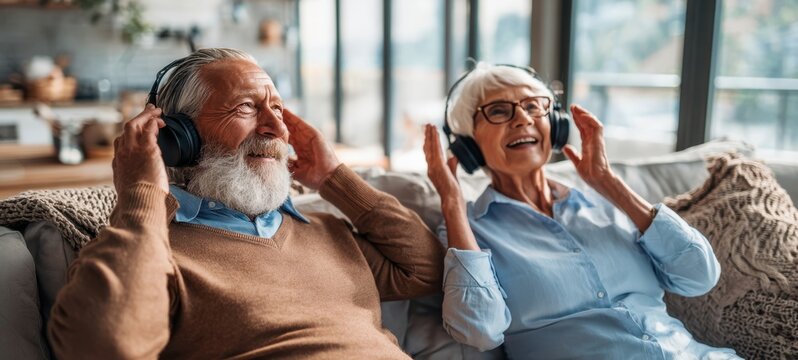 The senior couple enjoying music together on a cozy sofa with headphones