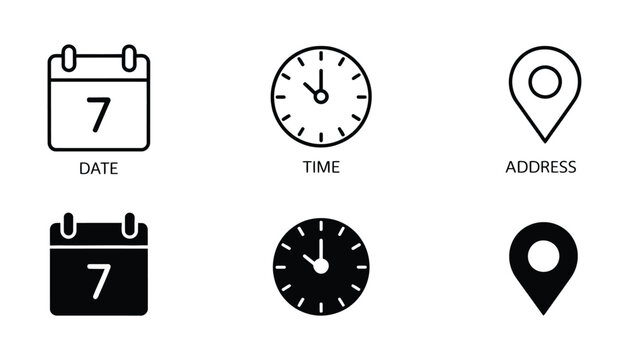 Date, Time, and Address Vector Icon Set. Calendar, Clock, and Location Pin Graphics. Event Scheduling Symbols.