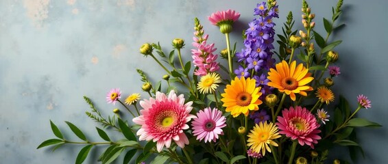 Vibrant wildflowers gently sway in the breeze as the camera slowly pans across a rustic wall, creating a serene, cinematic atmosphere perfect for nature-themed projects and floral inspiration.