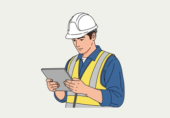 Construction worker in hard hat and safety vest using a tablet computer, professional and technology concept