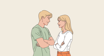 A young couple with blond hair, looking at each other with arms crossed, in a simple illustration style